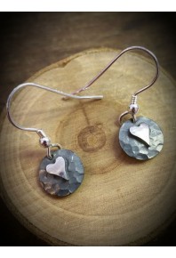Plannished Hearts Silver Oxidised Drop Earrings with Silver Heart